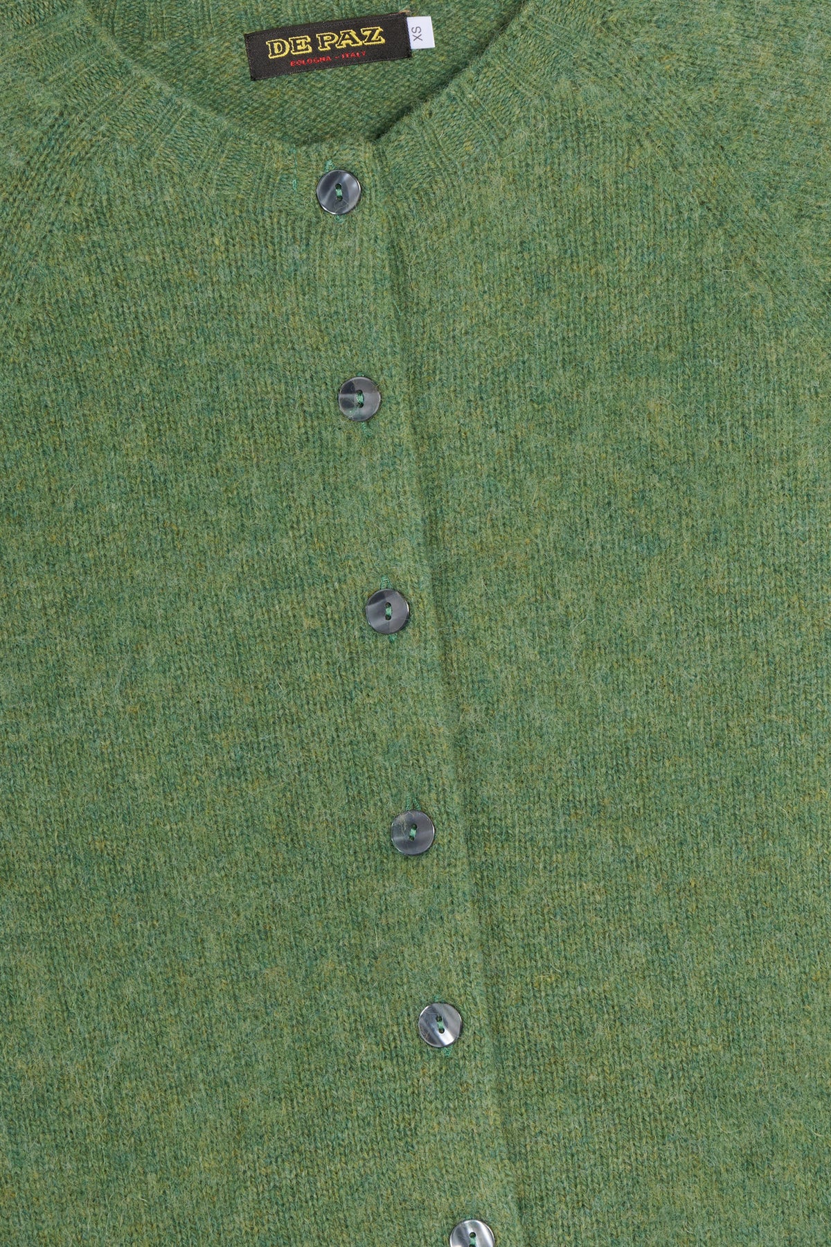 Cardigan girocollo shetland verde dettaglio Lady De Paz