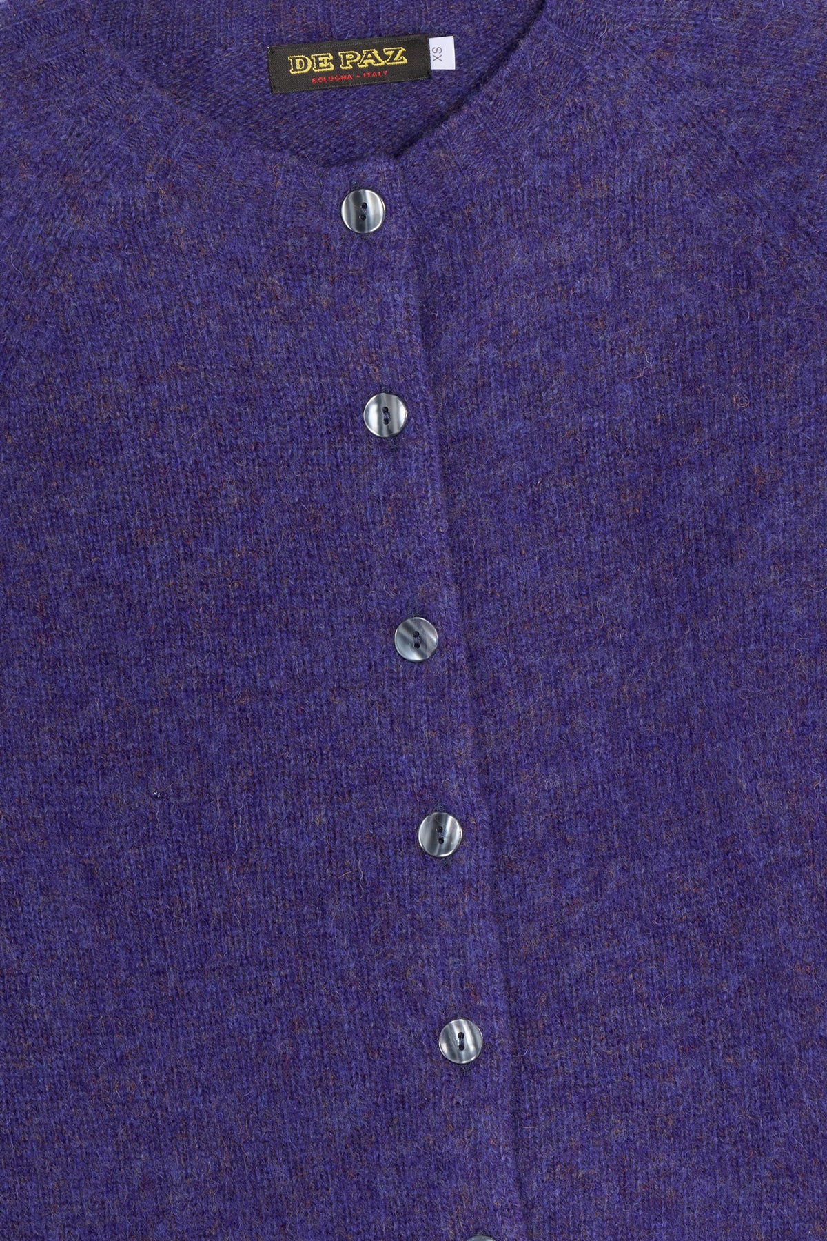 Cardigan girocollo shetland viola dettaglio Lady De Paz