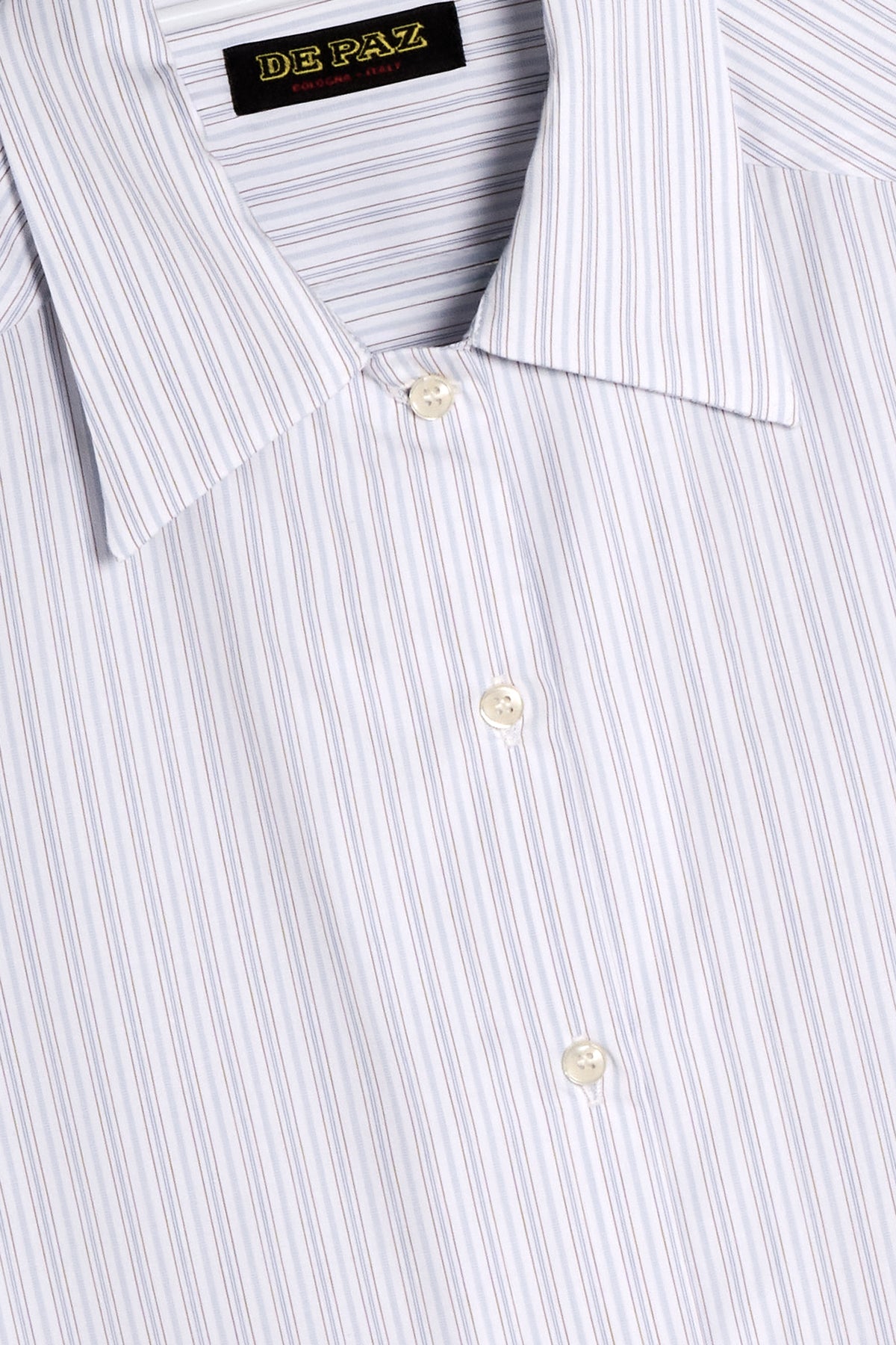 Camicia in cotone riga azzurra e marrone dettaglio Lady De Paz