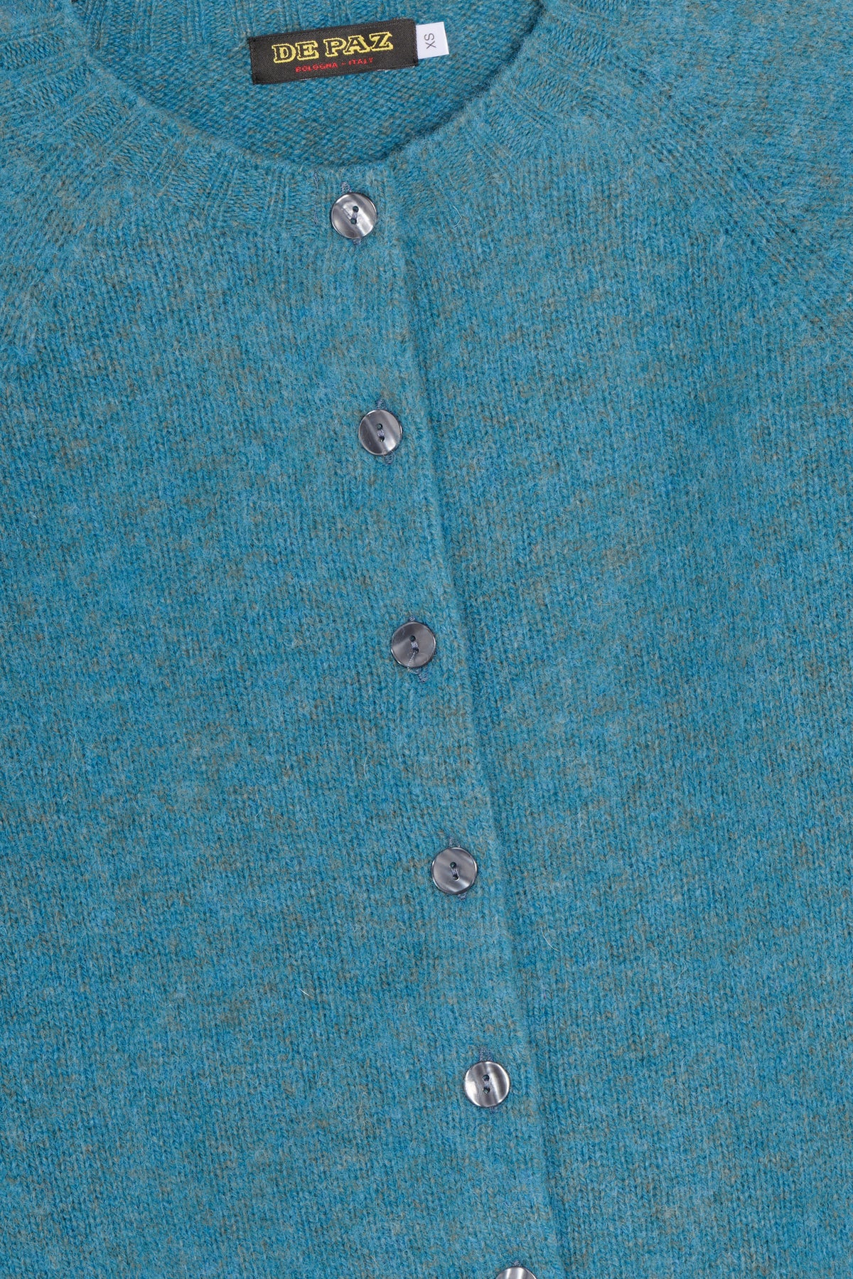Cardigan girocollo shetland turchese dettaglio Lady De Paz