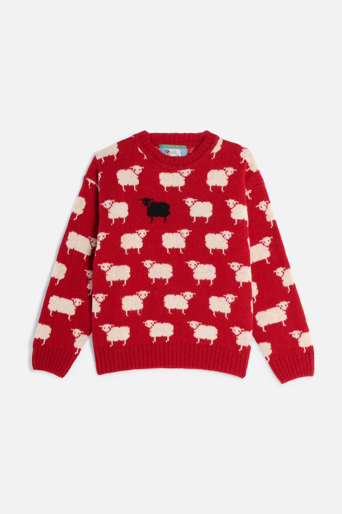 Maglione rosso Lady De Paz con pecore bianche e pecora nera